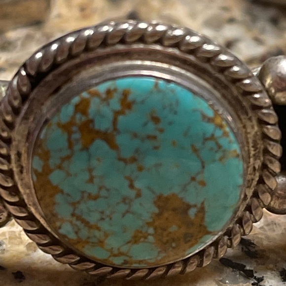 Silver 3 Stone Turquoise cuff Bracelet $2500 Signed - Picture 6 of 11